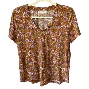 LOFT Womens Curry Brown Floral Paisley V-Neck Cotton Slub Tee Shirt Size M FA24